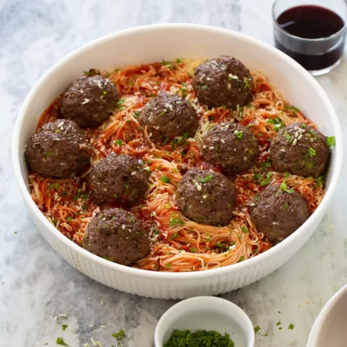 Sobre una mesa de mármol se encuentra un cuenco blanco lleno de espaguetis cubiertos con salsa marinara y ocho albóndigas grandes, adornadas con perejil picado y queso rallado. Cerca, hay cuencos pequeños con queso rallado, perejil picado y una copa de vino tinto.