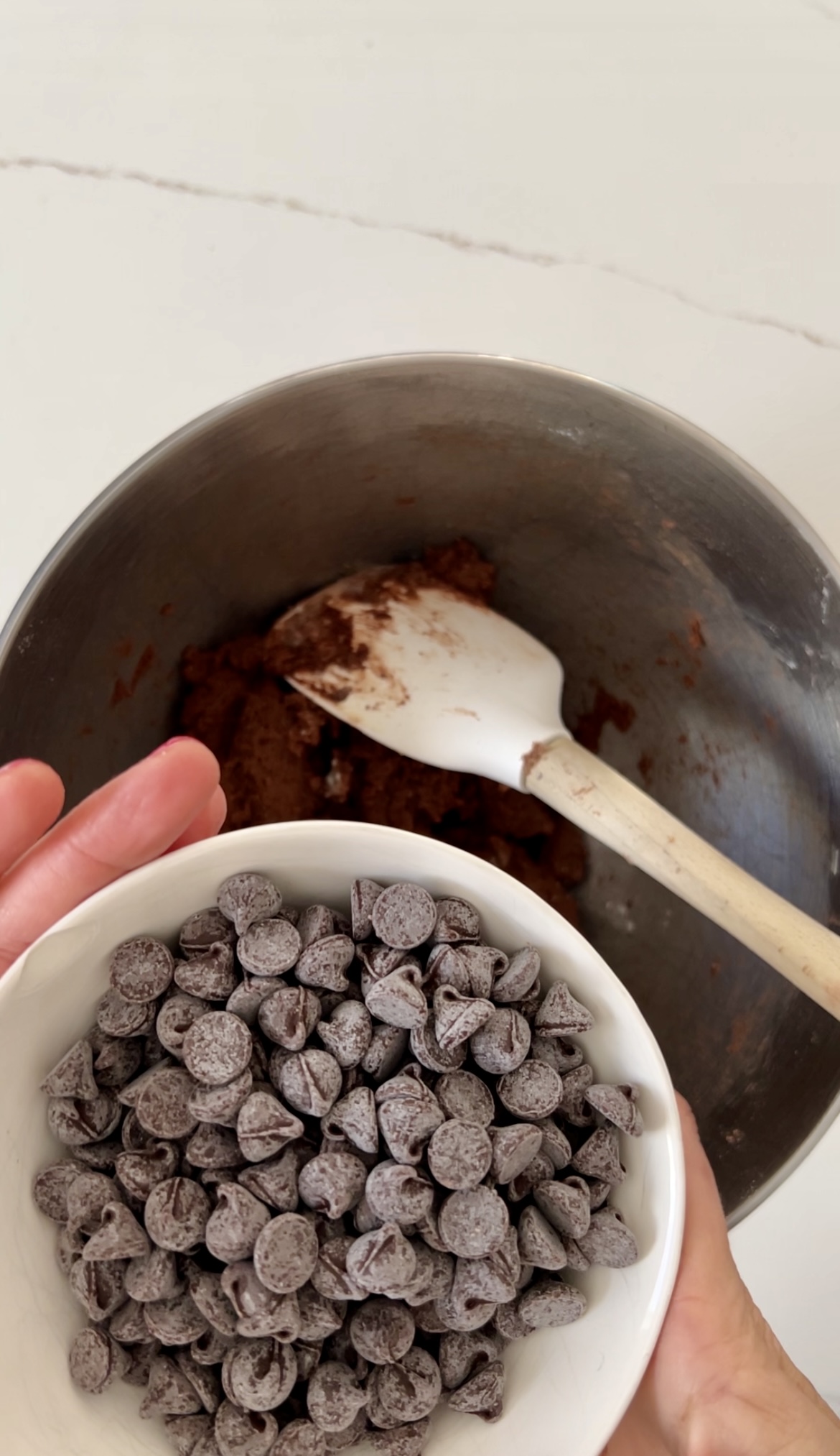 Double chocolate vegan cookies, topped with chocolate chips, served in a bowl with a spoon.