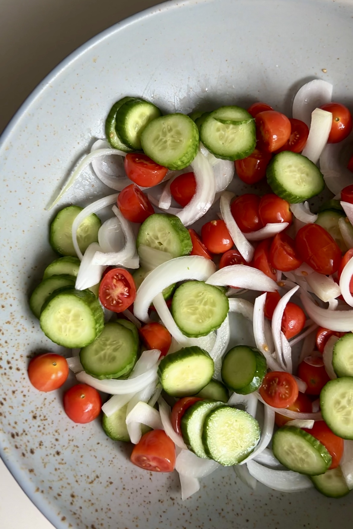 cebolla, pepino y tomate en un tazón para ensalada